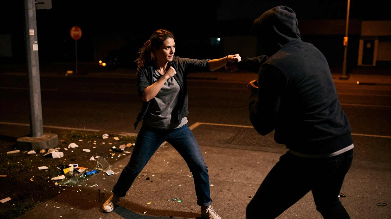 Женщина наносит удар крав-мага по горлу нападающего на улице ночью, реалистичная сцена самообороны.