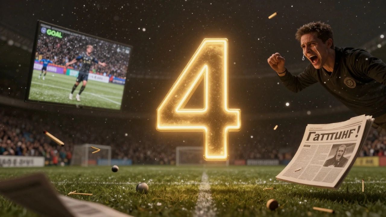 Золотая цифра '4' парит над полем, вокруг — фрагменты матчей, снег, VAR, слёзы болельщика и газета с заголовком.