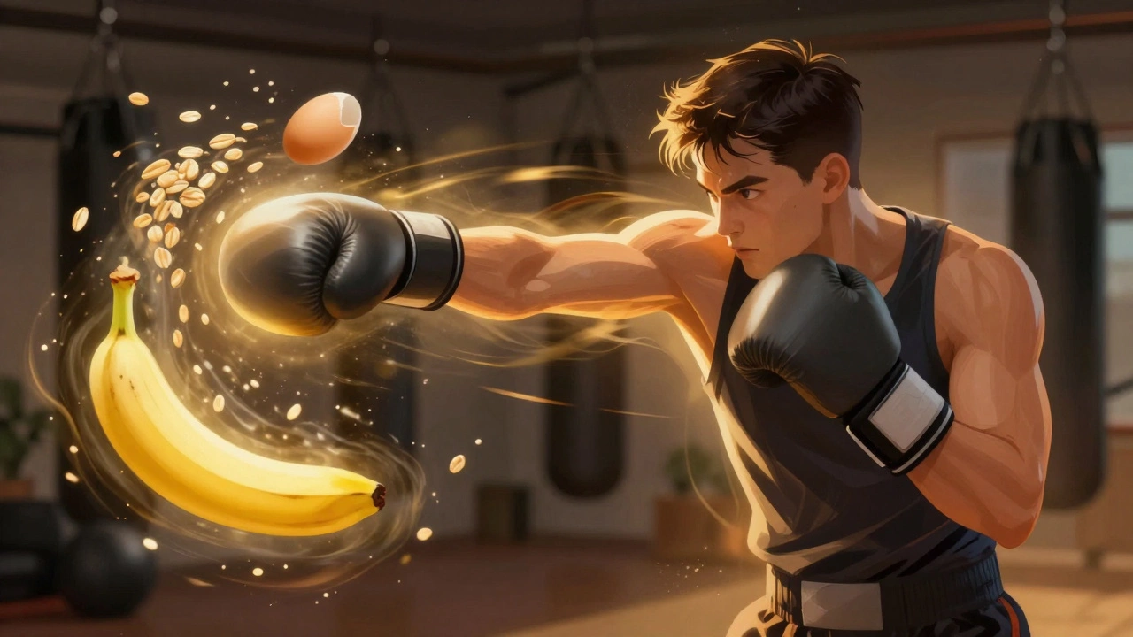 Боксёр наносит удар в домашнем зале, вокруг него парят продукты, дающие энергию.