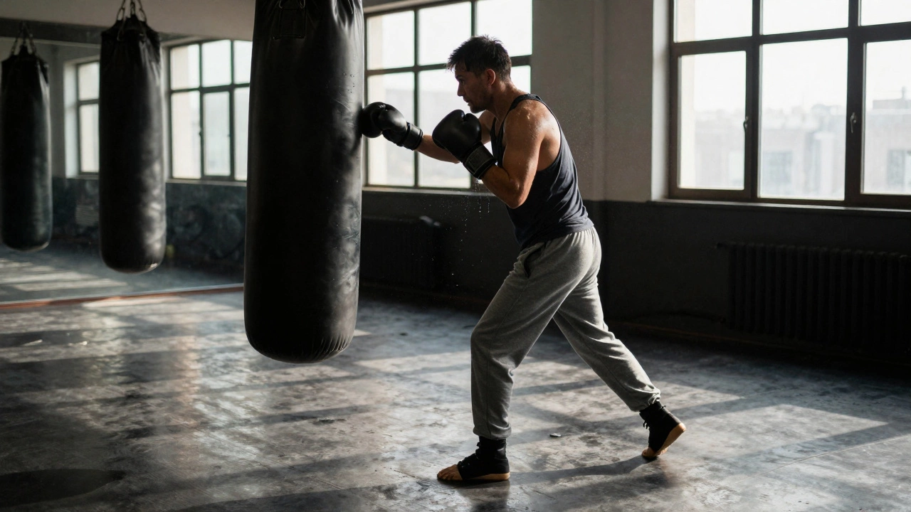 Боксер среднего возраста отрабатывает уклонения и передвижение у груши в тренажерном зале.