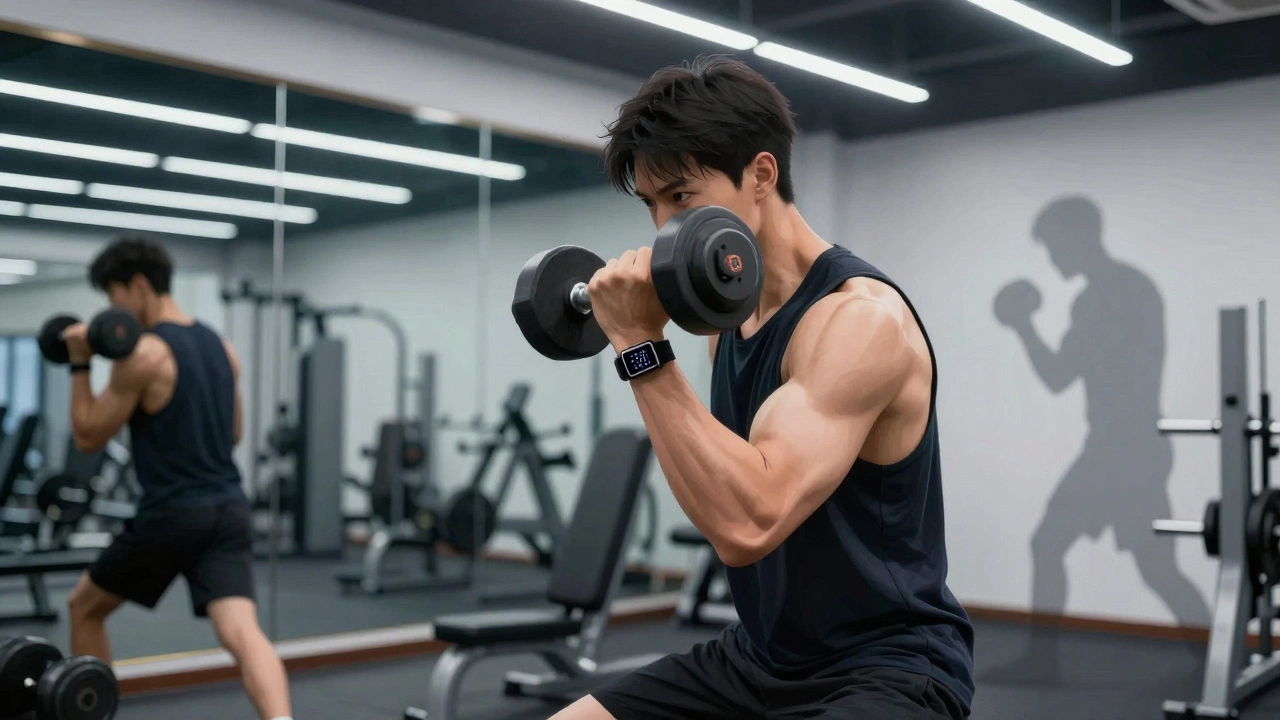 Человек поднимает гантели в тренажерном зале, в зеркале отражается его одиночная тренировка.