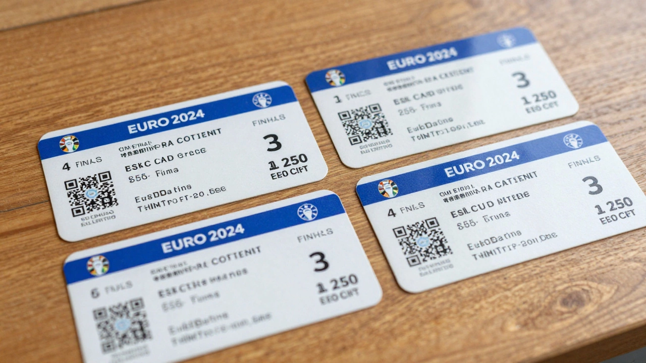 Четыре официальных билета на финал Евро 2024 с обозначенными категориями и ценами от 250 до 1200 евро, лежат на деревянном столе.