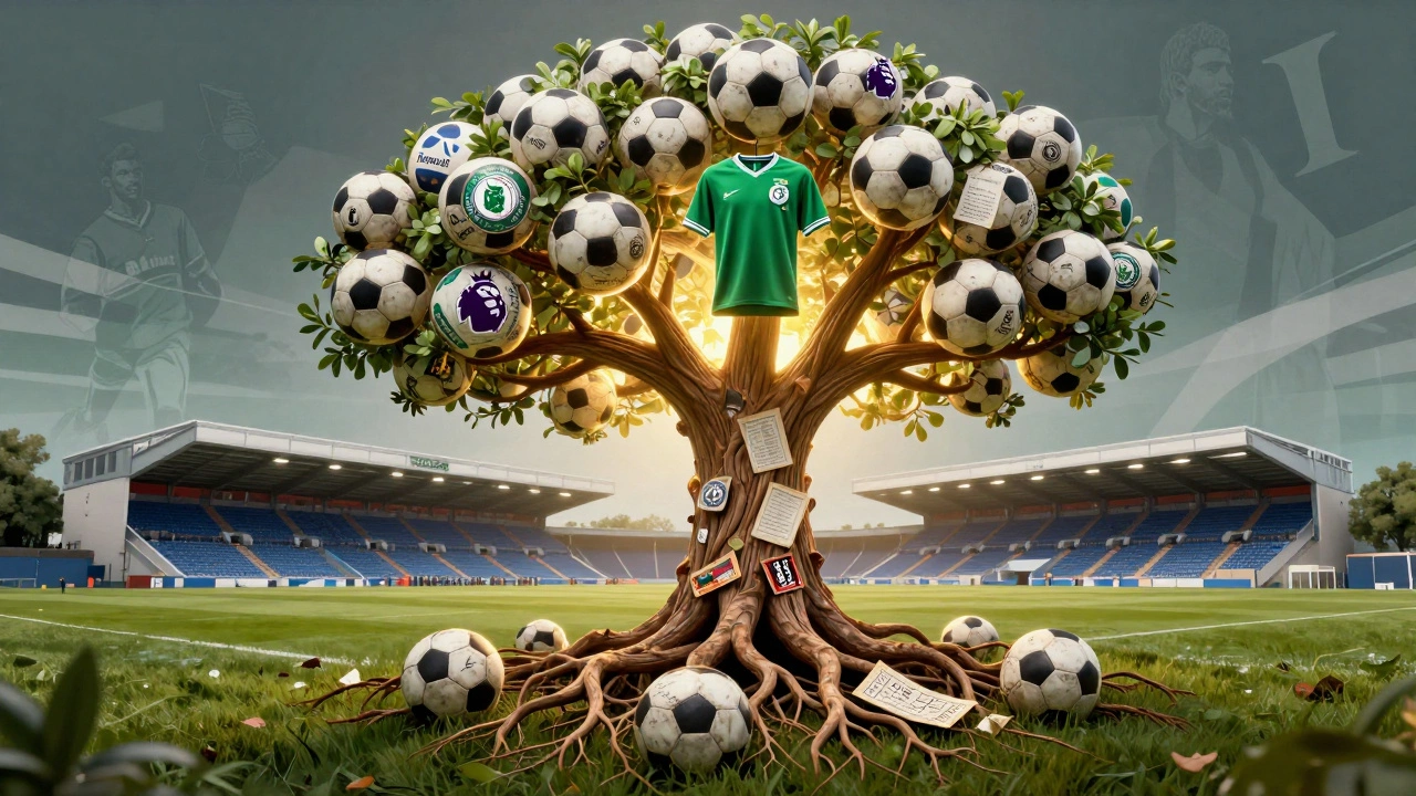 Дерево с корнями из футбольных мячей и документов, ветви которого уходят в современные стадионы.