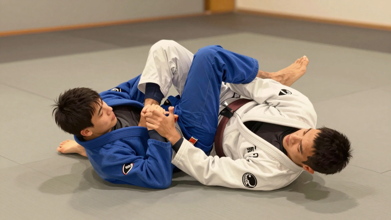 Два бойца в джиу-джитсу на ковре, один применяет удушающий приём.