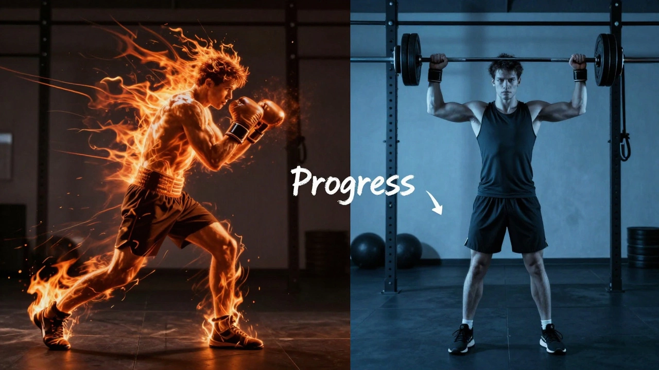 Двустороннее изображение: боксер в движении и человек в зале — символ выбора между динамикой и статикой.