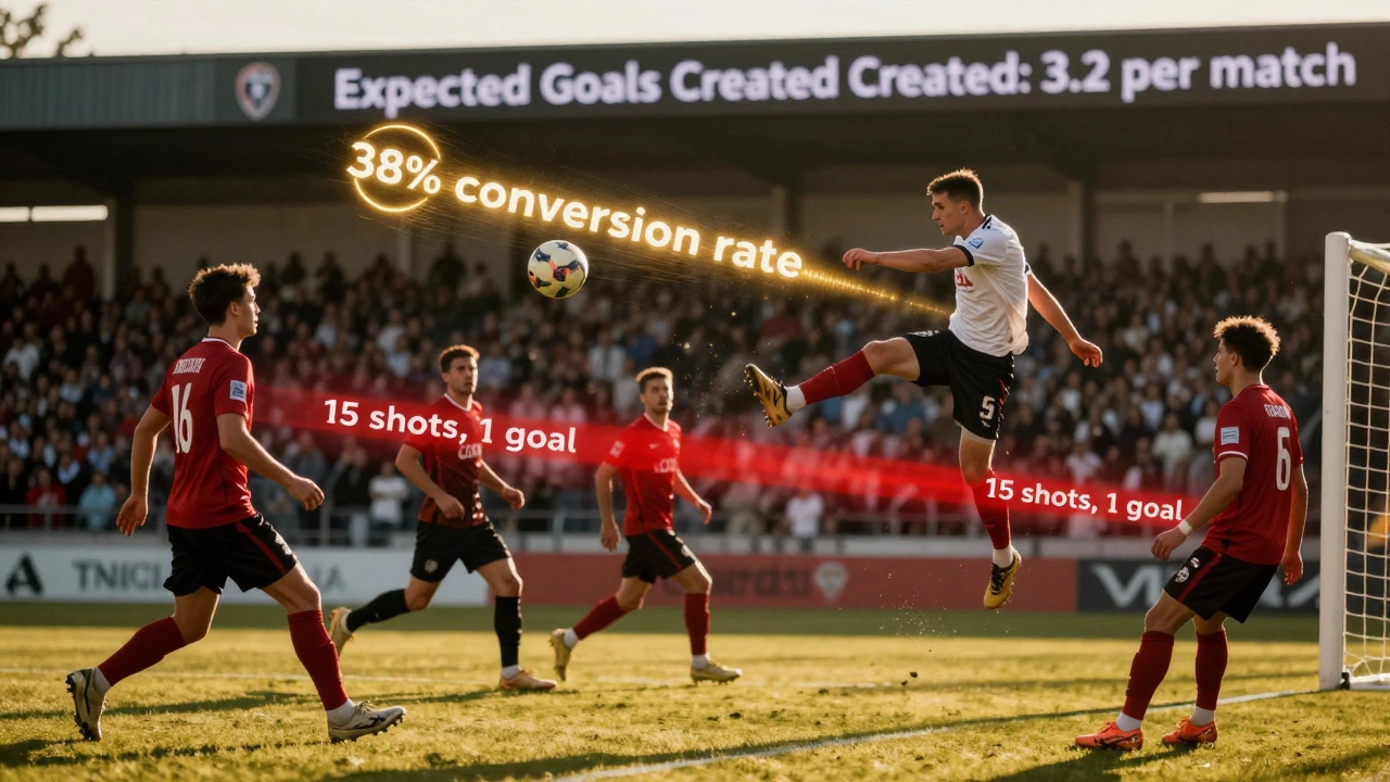 Форвард забивает с коэффициентом реализации 38%, в то время как другие игроки много бьют, но редко попадают в ворота.