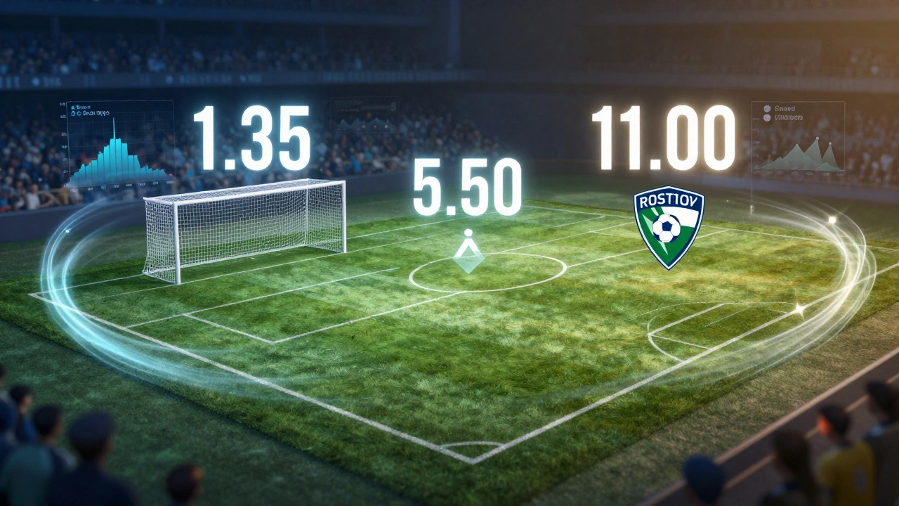 Футбольное поле с прозрачными коэффициентами 1.35, 5.50 и 11.00, парящими над командами, окруженные данными о травмах и результате.