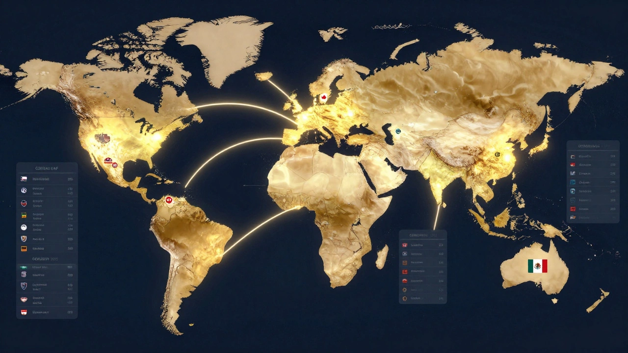 Глобальная карта с путями отбора ЧМ-2026, связывающая континенты и страны-хозяйки.