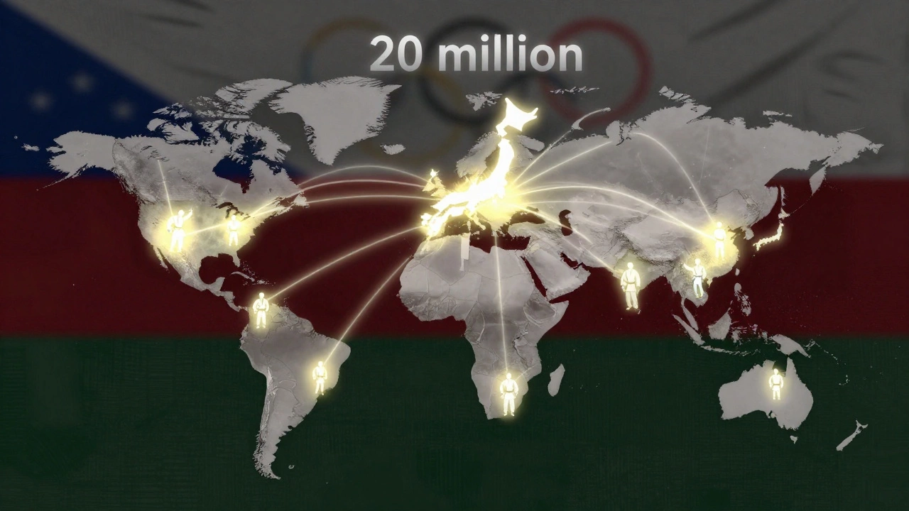 Глобальная карта с силуэтами дзюдоистов из 200 стран, символизирующая массовость дзюдо.