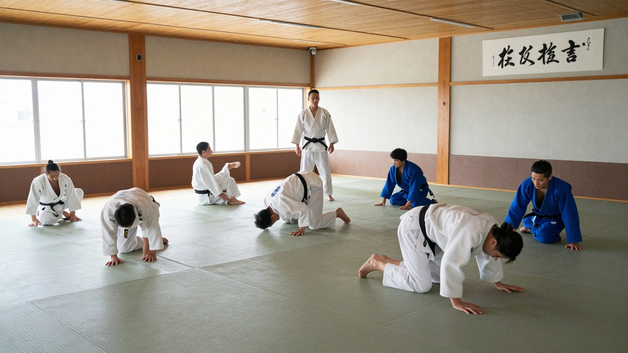Группа взрослых занимаются дзюдо в спокойной обстановке, без детей, с акцентом на технику и дыхание.