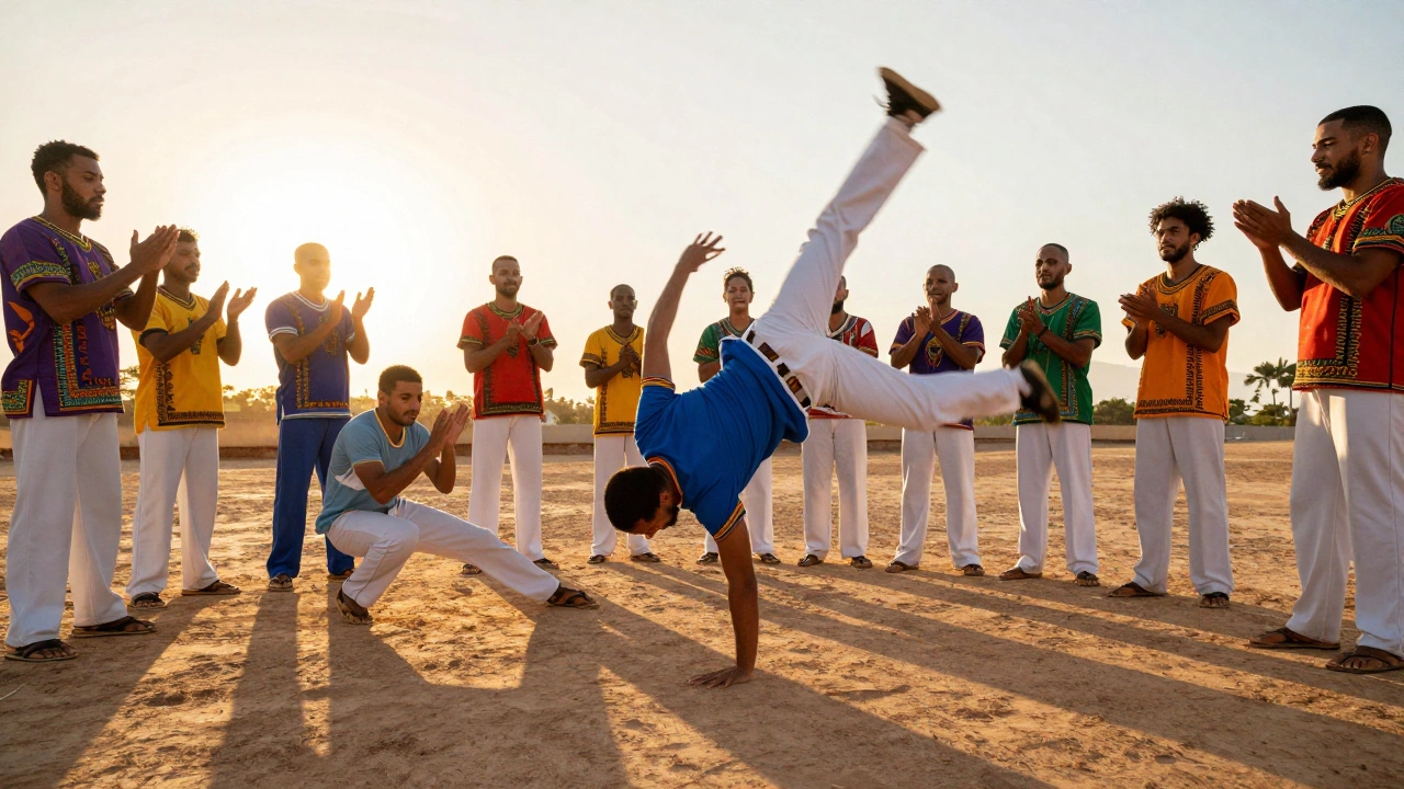 Капоэйра в рода: спортсмен в прыжке с вращающимся ударом, вокруг музыканты.
