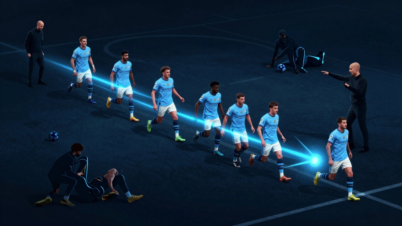 Манчестер Сити играет идеальную передачу в стиле будущего, сияющие линии связи между игроками.