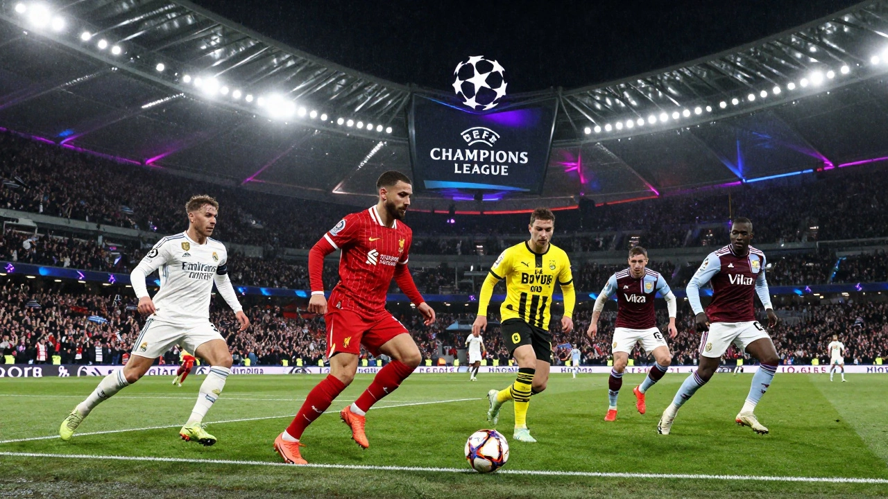 Матч в группе B Лиги чемпионов: Реал Мадрид, Ливерпуль, Боруссия Дортмунд и Астон Вилла на поле.