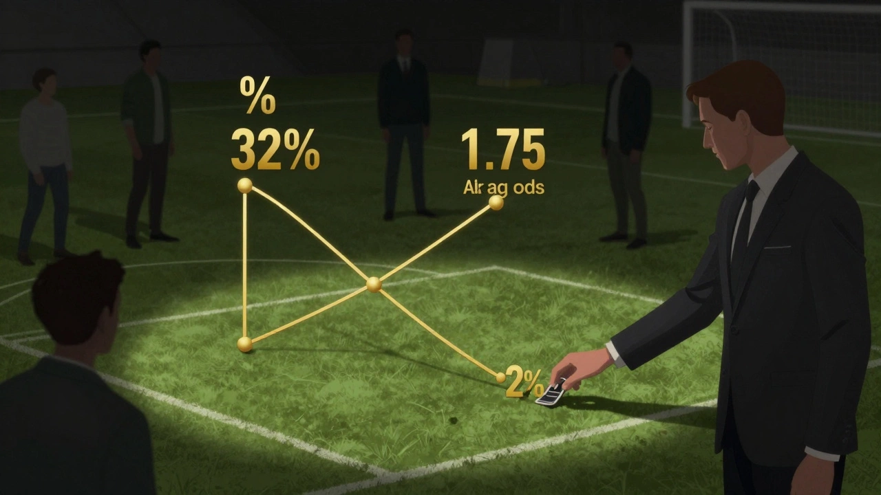 Математическая диаграмма над футбольным полем, показывающая 32% побед и коэффициент 1.75.