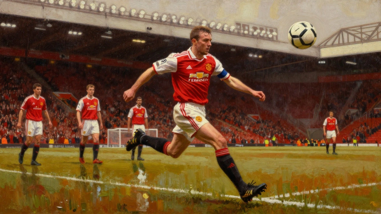 Пол Скоулз наносит удар из-за пределов штрафной на стадионе Олд Траффорд, мяч в полёте.