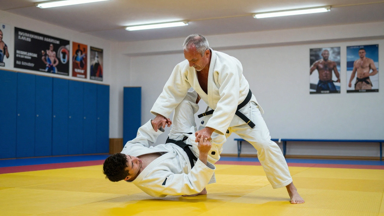Пожилой российский дзюдоист выполняет бросок на тренировке в Москве.