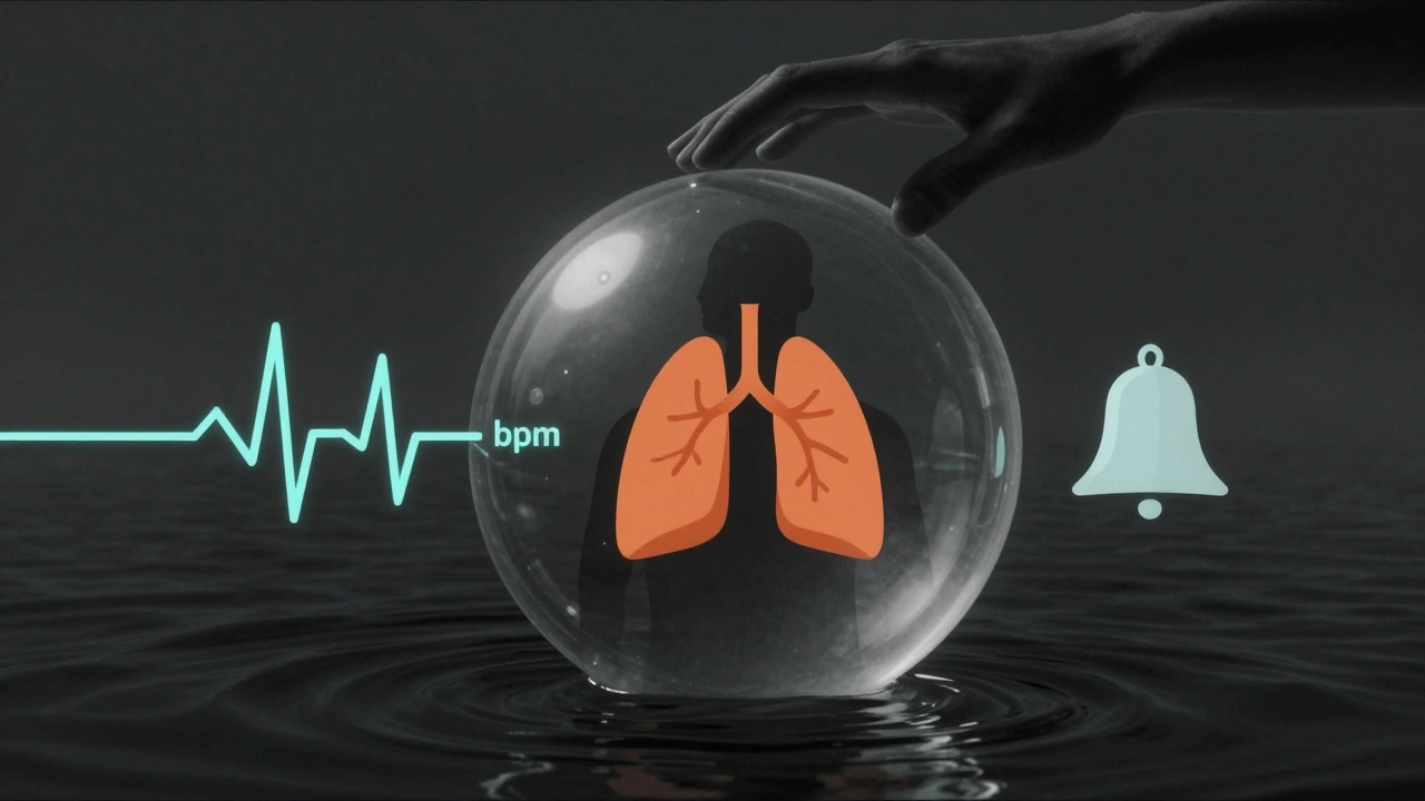 Силуэт человека в воде, вокруг — символы сжатых лёгких, замедленного сердца и беззвучного звонка.