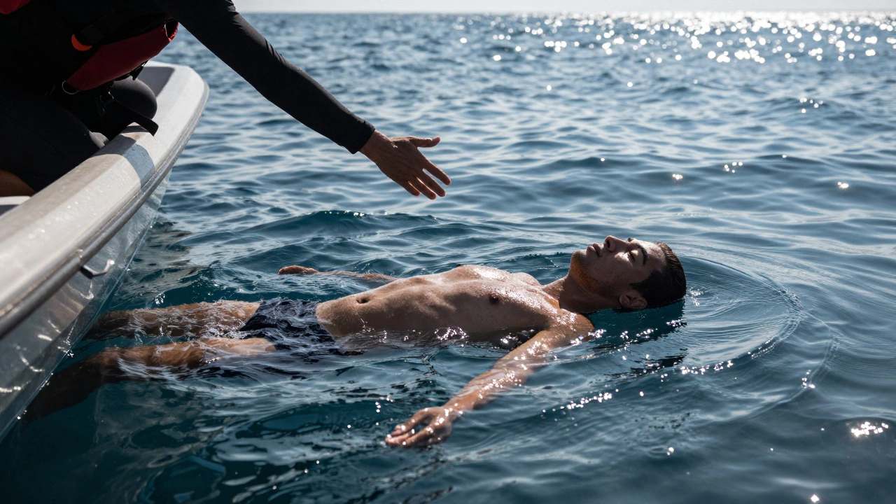 Спасатель тянется к бездвижному ныряльщику у поверхности воды, солнце отражается в волнах.