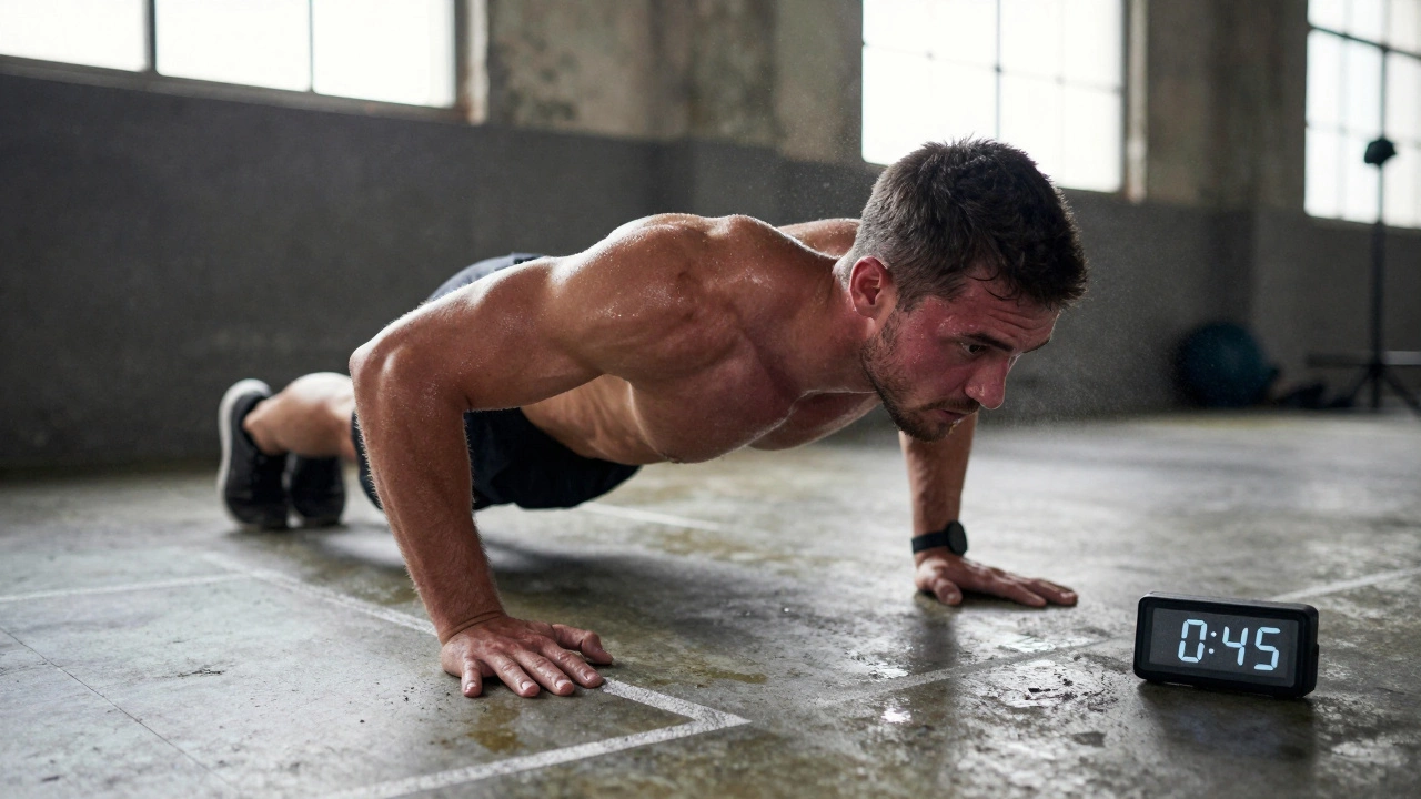 Спортсмен делает отжимания с видимой усталостью, на стене виден таймер, пот капает на пол.