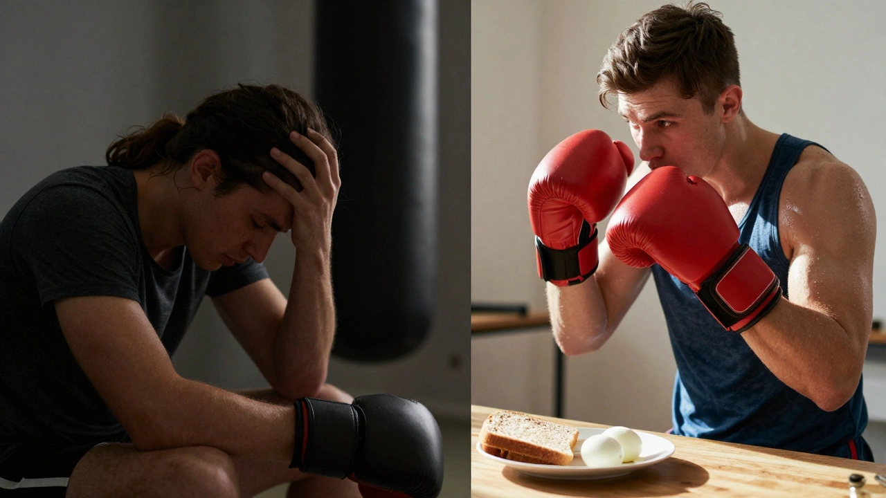 Сравнение двух состояний: усталый и энергичный боксёр с едой на столе.
