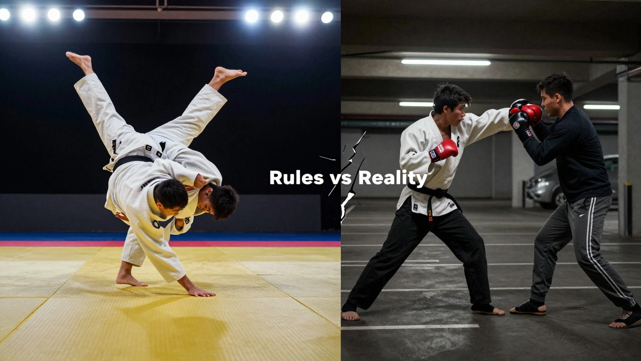 Сравнение спортивной борьбы и уличной самообороны: слева — татами, справа — реальная угроза.