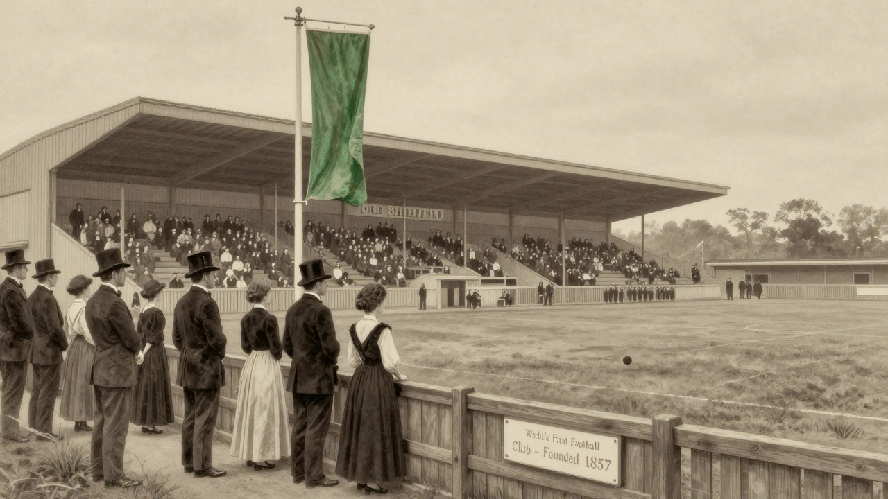 Старый стадион Олд Шеффилд с толпой зрителей в костюмах XIX века и табличкой 'Первый футбольный клуб мира'.