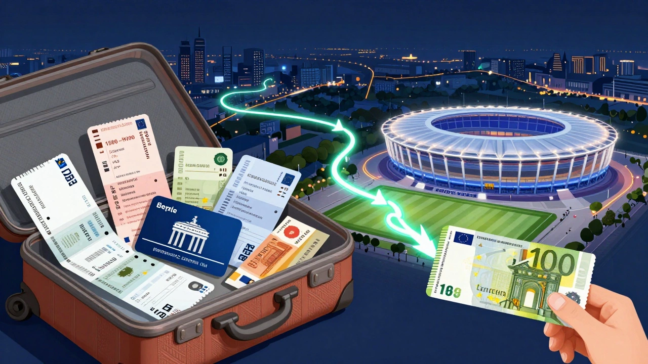 Сумка с билетами, квитанциями и проездным, символизирующая общую стоимость поездки на финал Евро 2024 от 1500 до 4000 евро.