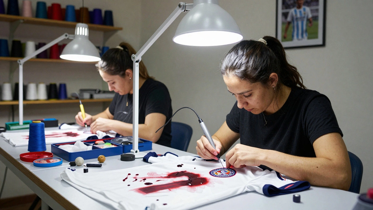 Швеи чинят повреждённую форму с вышитым логотипом клуба в мастерской.