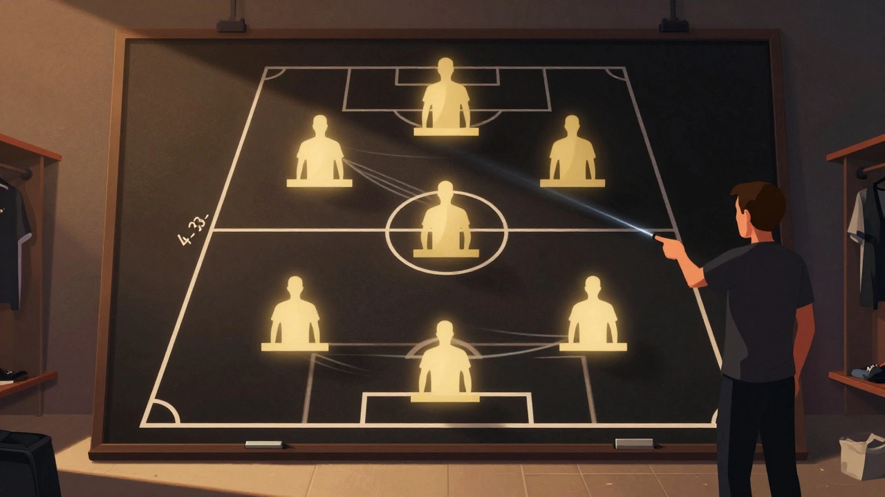 Тактическая схема 4-3-3 на доске с силуэтами игроков и светящимися линиями передач.