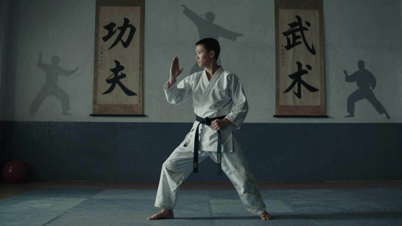 Ученик в доске практикует базовую стойку, на стене — иероглифы '功夫' и '武术'.