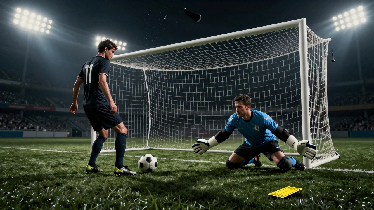 Удар с 11 метров: нападающий против вратаря, мяч почти в воротах, желтая карточка на траве.