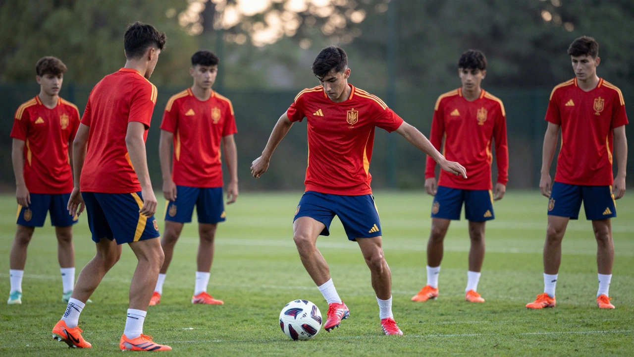 Юный испанский полузащитник Pedri тренируется в академии, вокруг него — юные игроки.