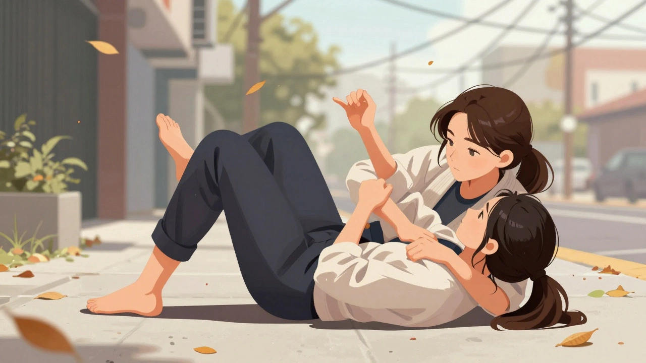 Женщина использует технику бразильского джиу-джитсу, чтобы вырваться из захвата за запястье на улице.