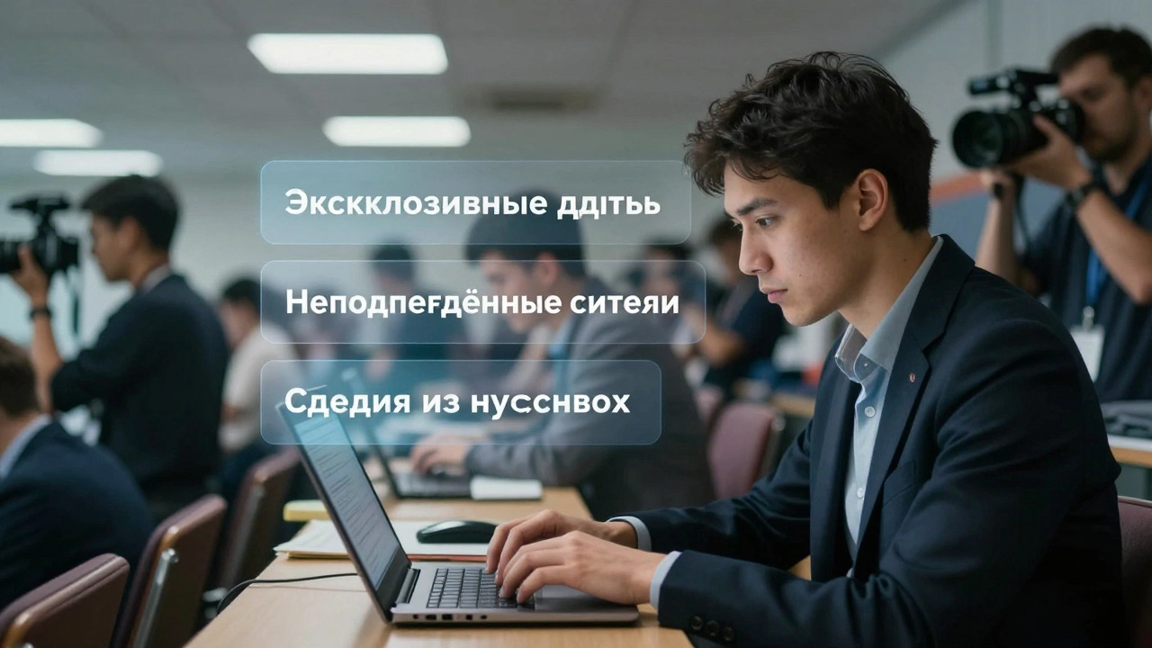 Журналист пишет статью в пресс-боксе, вокруг него — размытые фигуры других репортёров.
