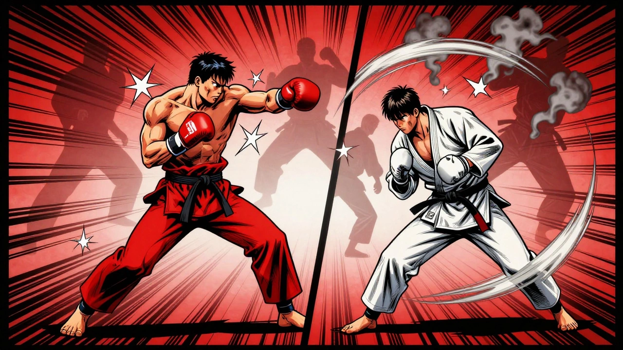 Боксёр и дзюдоист в композиции с размытыми силуэтами других стилей боевых искусств.