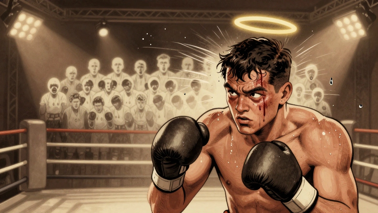 Боксер в ринге, лицо в поту и крови, вокруг него тысячи ударов, символизирующих долгосрочные травмы.