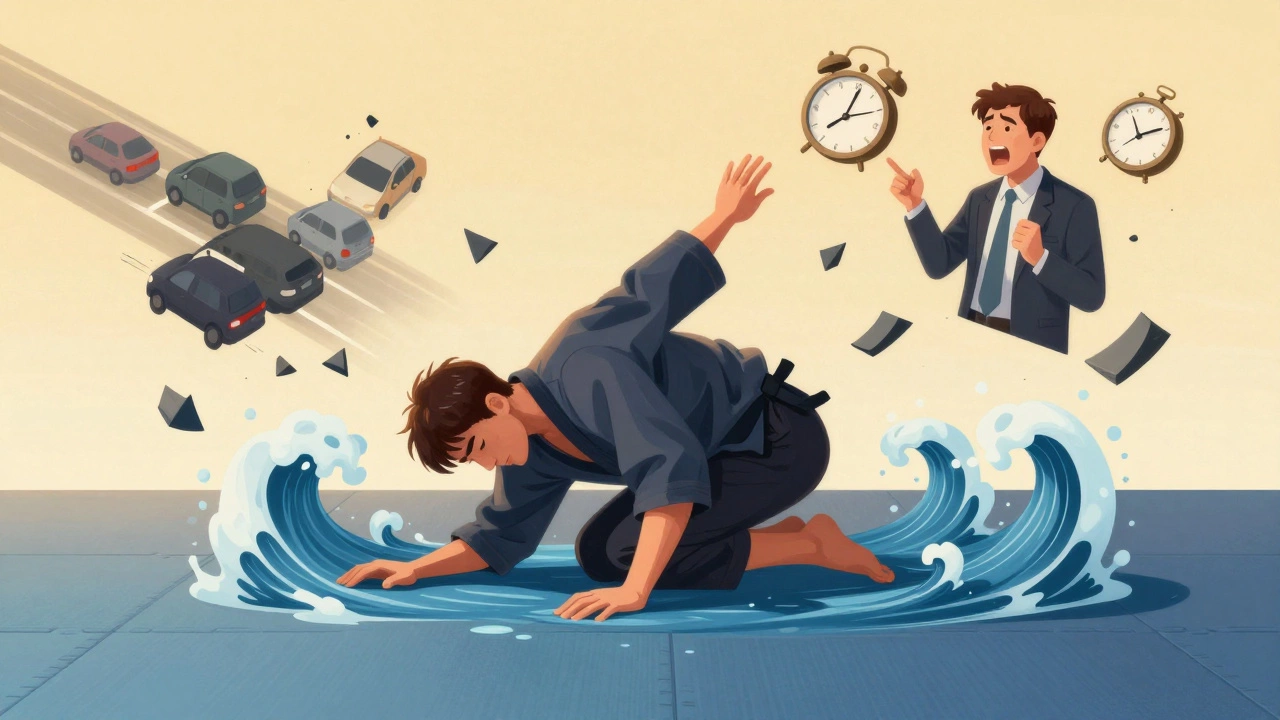 Человек выполняет прием падения, а вокруг рассыпаются символы стресса, превращаясь в спокойные волны.