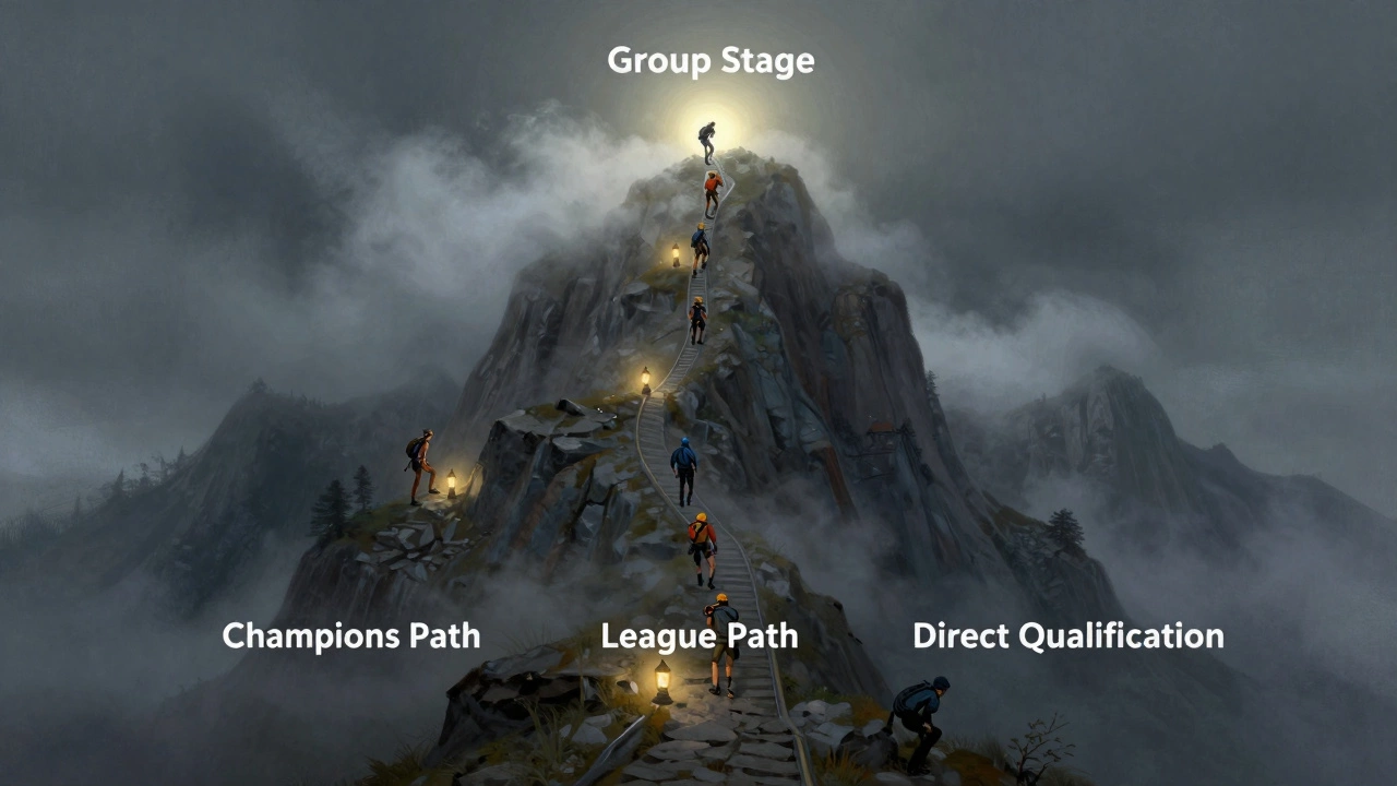 Clubs climbing a mountain path toward the Champions League group stage with three different routes