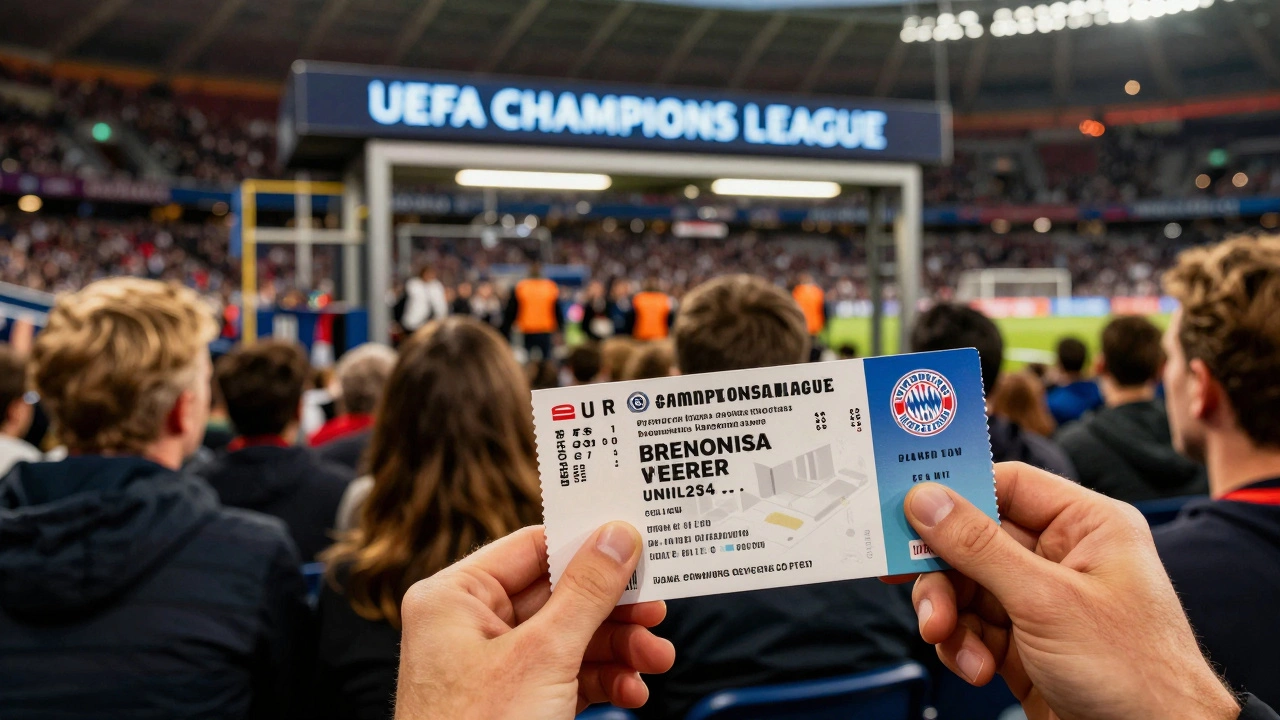 Две билета: дешевый на верхних рядах и дорогой на центральном секторе финала, позади — толпа у входа на стадион.