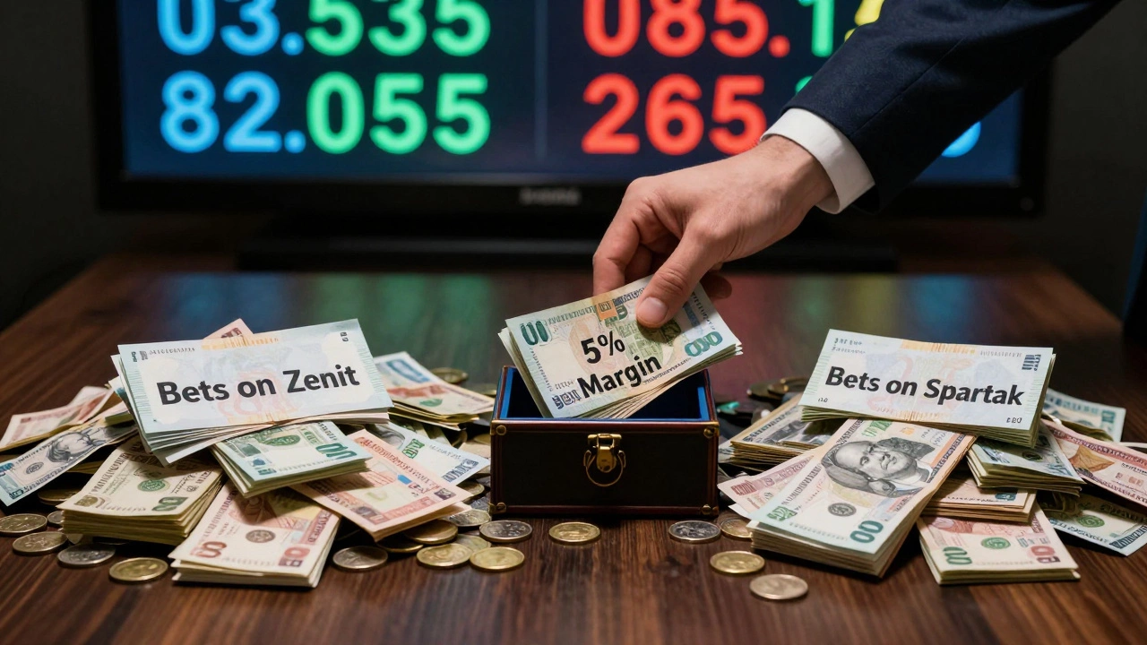 Две равные кучи денег и коробка с маржой 5% под столом.