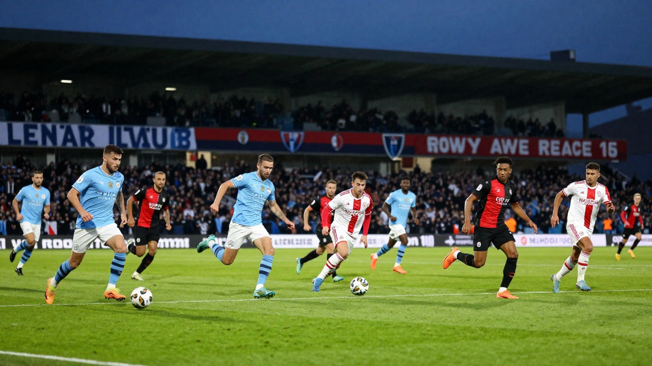 Football players from multiple clubs competing on a single large pitch in the new Champions League format