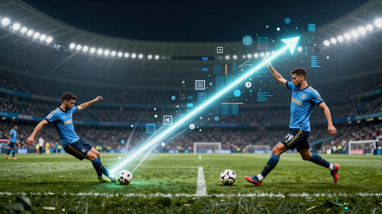 Футболист делает удар с низким xG слева и высоким xG справа, вокруг — данные в виде частиц, символизирующие статистический потенциал.