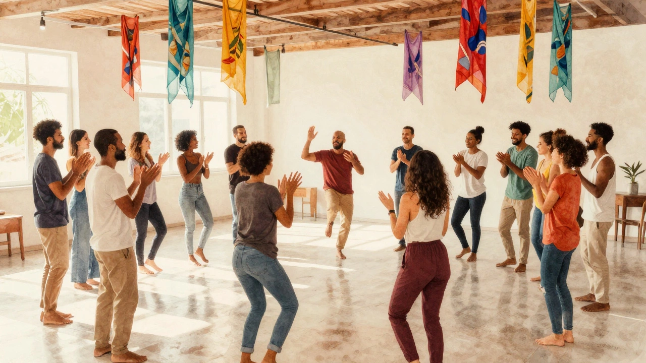 Группа людей танцует в кругу под музыку, занимаясь капоэйрой.