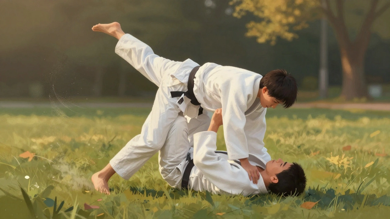 Худощавый человек выполняет метание дзюдо на травянистом поле при закате.