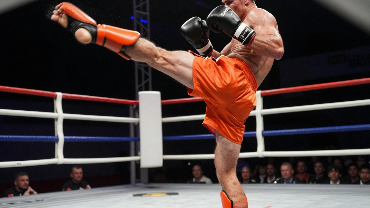 Кикбоксер выполняет высокий удар ногой в ринге во время боя