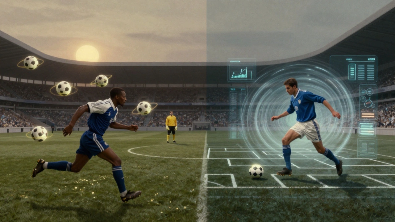 Контраст эпох: Коул в открытом поле с семью мячами против современного нападающего в лабиринте тактики.