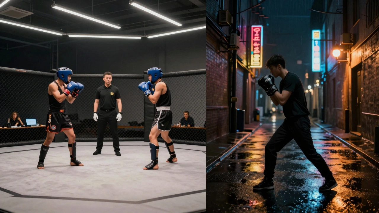 Контраст между спортивным поединком в арене и уличной самообороной