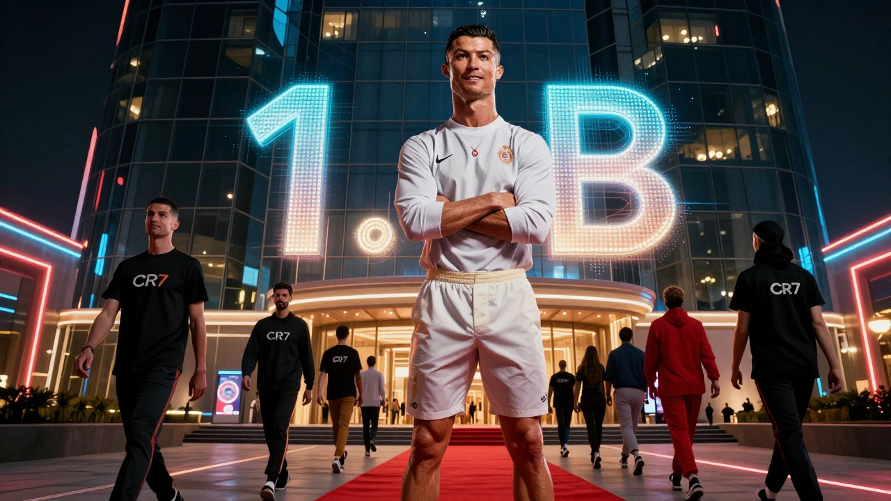 Криштиану Роналду на вершине своего отеля CR7, вокруг него мерцают цифры его подписчиков в соцсетях.