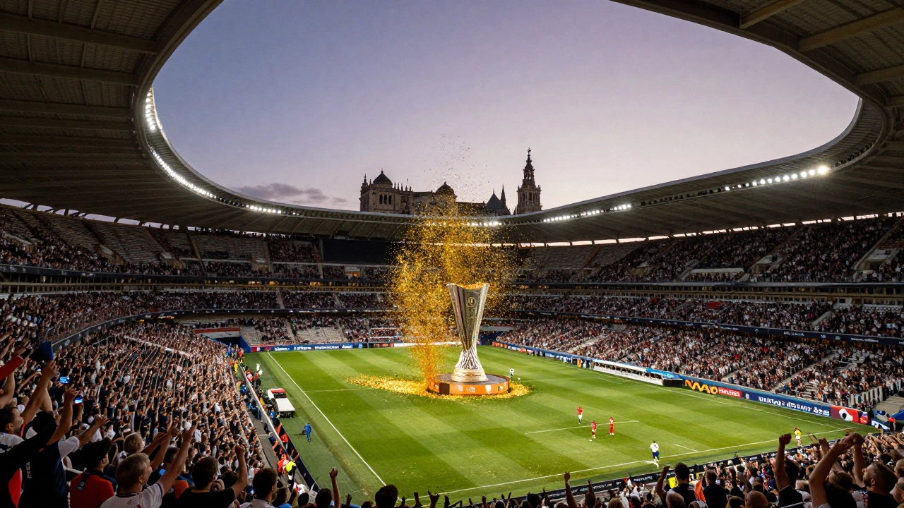 Кубок Лиги Европы поднимают на поле стадиона в Севилье под фейерверком конфетти.