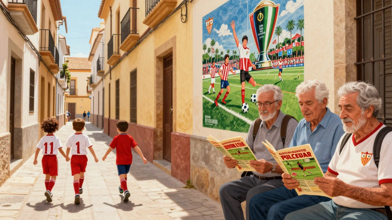 Культура футбола в Севилье: дети играют в футбол, фанаты с артефактами и стены с мозаикой побед.